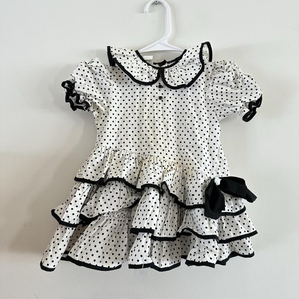 VTG Toddler Girl 3T Debut Dress White Black Polka Dot Ruffle READ